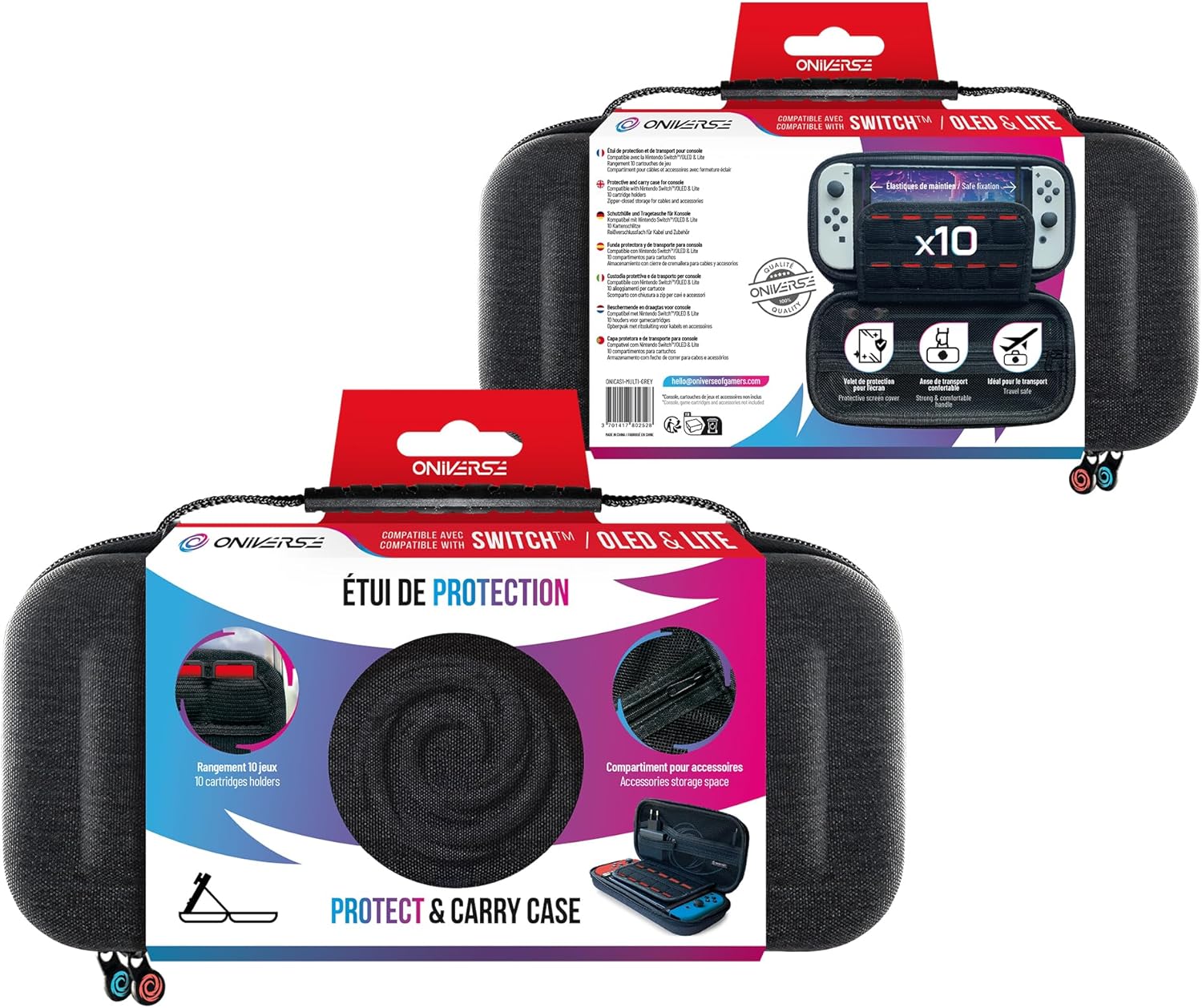 Oniverse Beschermhoes voor Nintendo Switch, Switch OLED, Switch Lite, Schokbestendig, met Handvat, Zachte Fluwelen Binnenkant tegen Krassen, Accessoirevak. Grijze Draagtas