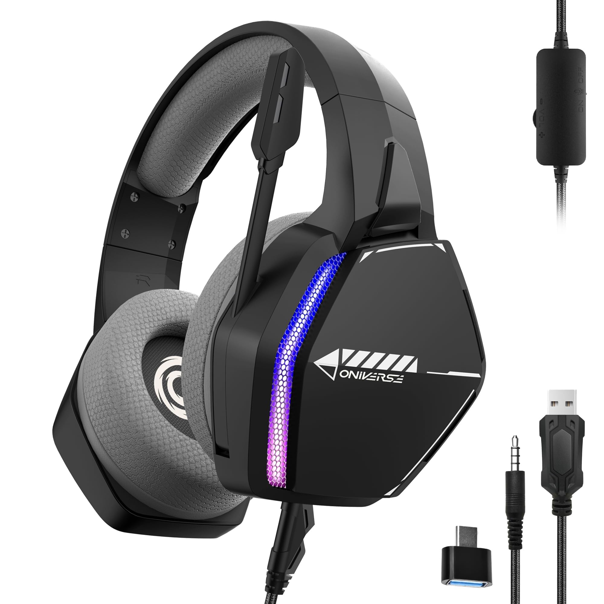 Oniverse Gaming Headset compatible with PS5 PS4 Switch One PC Mac with Adjustable Mic, LED, 50 mm Speakers, Breathable Fabric Pads, Nebula Wired Stereo Gamer Headset (Infinite Black/Black