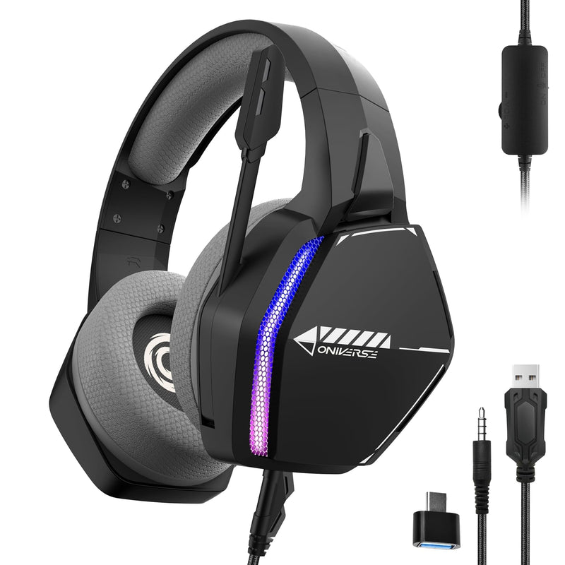 Oniverse Gaming Headset compatible with PS5 PS4 Switch One PC Mac with Adjustable Mic, LED, 50 mm Speakers, Breathable Fabric Pads, Nebula Wired Stereo Gamer Headset (Infinite Black/Black