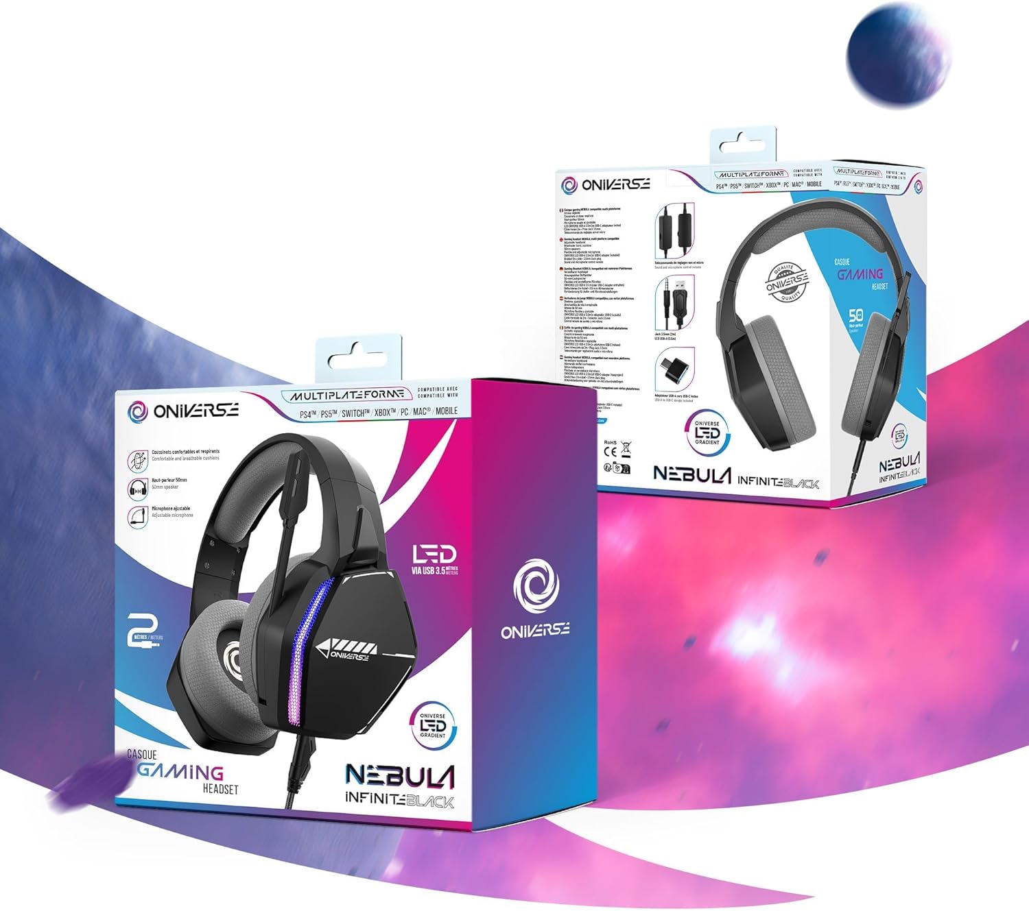 Oniverse Gaming Headset compatible with PS5 PS4 Switch One PC Mac with Adjustable Mic, LED, 50 mm Speakers, Breathable Fabric Pads, Nebula Wired Stereo Gamer Headset (Infinite Black/Black
