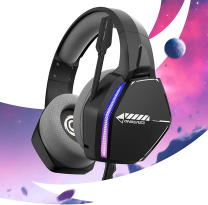Oniverse Gaming Headset compatible with PS5 PS4 Switch One PC Mac with Adjustable Mic, LED, 50 mm Speakers, Breathable Fabric Pads, Nebula Wired Stereo Gamer Headset (Infinite Black/Black
