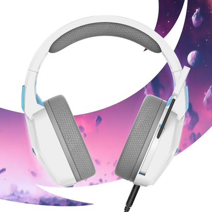 Oniverse Gaming Headset voor PS5 PS4 SWITCH XBOX PC MAC met verstelbare microfoon, LED, 50 mm luidsprekers en ademende stoffen oorkussens - Bedrade stereogamer-hoofdtelefoon Nebula (Arctic White/Wit