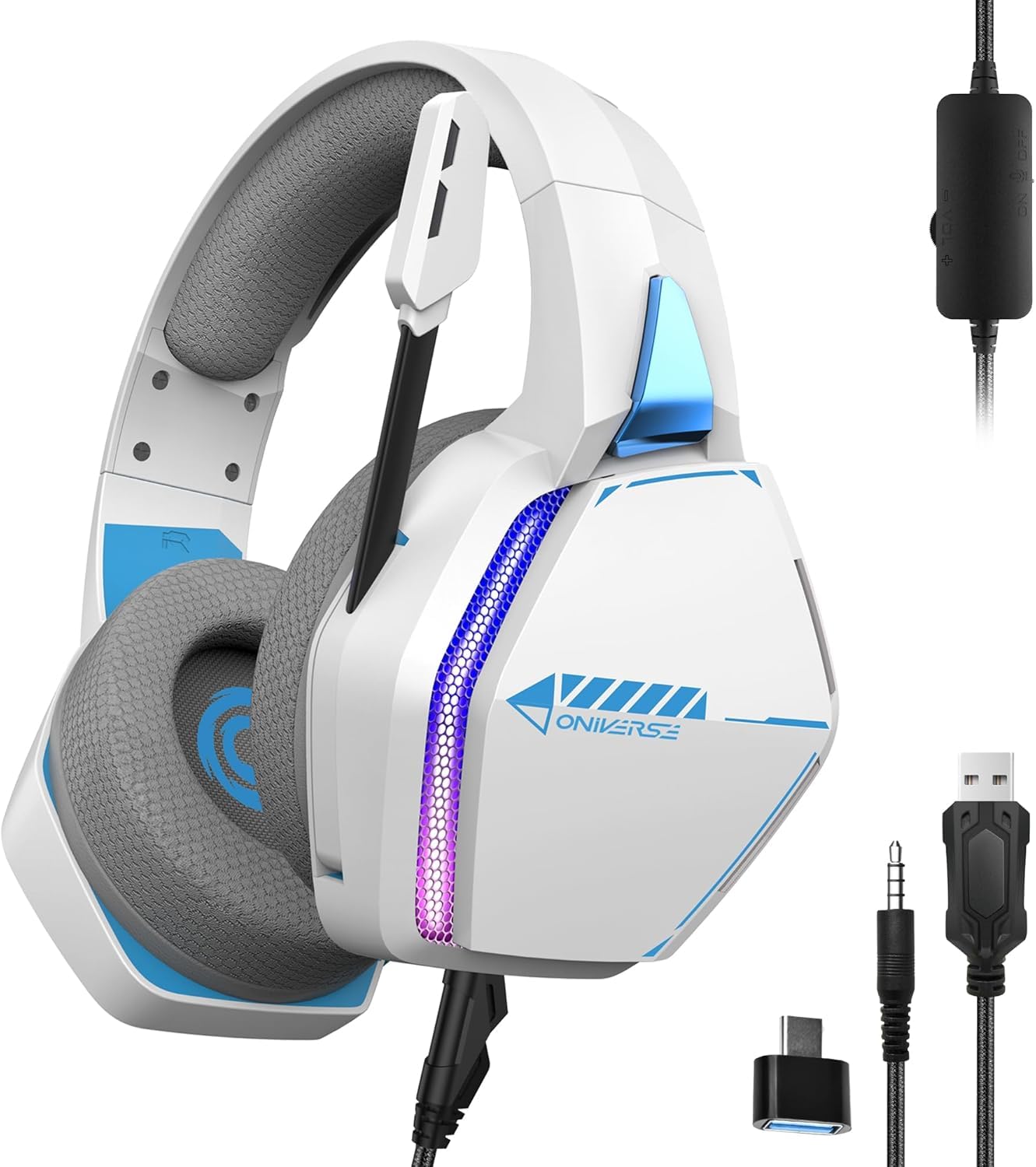 Oniverse Gaming Headset voor PS5 PS4 SWITCH XBOX PC MAC met verstelbare microfoon, LED, 50 mm luidsprekers en ademende stoffen oorkussens - Bedrade stereogamer-hoofdtelefoon Nebula (Arctic White/Wit