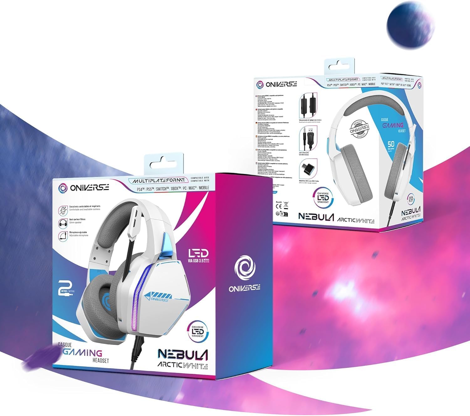 Oniverse Gaming Headset voor PS5 PS4 SWITCH XBOX PC MAC met verstelbare microfoon, LED, 50 mm luidsprekers en ademende stoffen oorkussens - Bedrade stereogamer-hoofdtelefoon Nebula (Arctic White/Wit