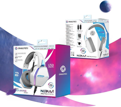 Oniverse Gaming Headset voor PS5 PS4 SWITCH XBOX PC MAC met verstelbare microfoon, LED, 50 mm luidsprekers en ademende stoffen oorkussens - Bedrade stereogamer-hoofdtelefoon Nebula (Arctic White/Wit