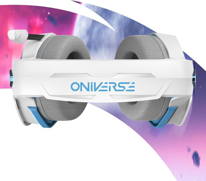 Oniverse Gaming Headset voor PS5 PS4 SWITCH XBOX PC MAC met verstelbare microfoon, LED, 50 mm luidsprekers en ademende stoffen oorkussens - Bedrade stereogamer-hoofdtelefoon Nebula (Arctic White/Wit