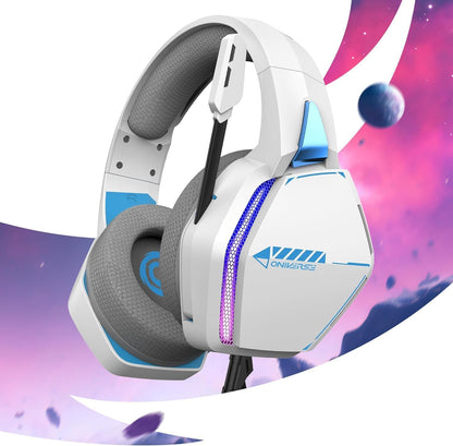 Oniverse Gaming Headset voor PS5 PS4 SWITCH XBOX PC MAC met verstelbare microfoon, LED, 50 mm luidsprekers en ademende stoffen oorkussens - Bedrade stereogamer-hoofdtelefoon Nebula (Arctic White/Wit