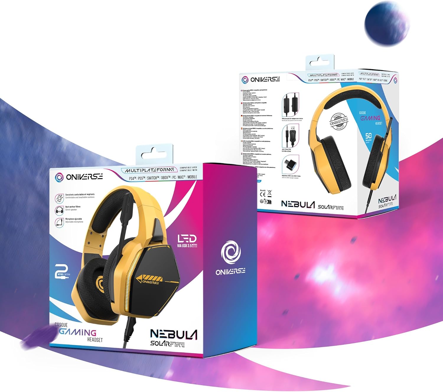 Oniverse Gaming Headset compatible with Xbox PS5 PS4 Switch PC Mac with Adjustable Mic, LED, 50 mm Speakers, Breathable Fabric Pads, Nebula Wired Stereo Gamer Headset (SolarFire Yellow/Orange