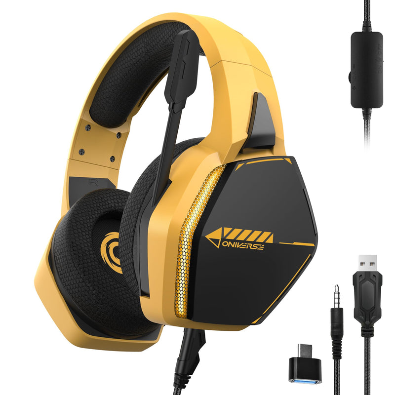Oniverse Gaming Headset compatible with Xbox PS5 PS4 Switch PC Mac with Adjustable Mic, LED, 50 mm Speakers, Breathable Fabric Pads, Nebula Wired Stereo Gamer Headset (SolarFire Yellow/Orange