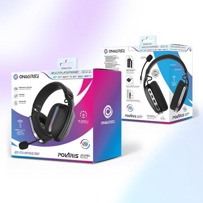 Oniverse Polaris draadloze gaming-hoofdtelefoon, compatibel met PS5, PS4, Switch, pc, mobiel, licht, led, lage latentie 2,4 GHz of Bluetooth, 33 uur batterij, 7.1 virtueel geluid, dubbele microfoon