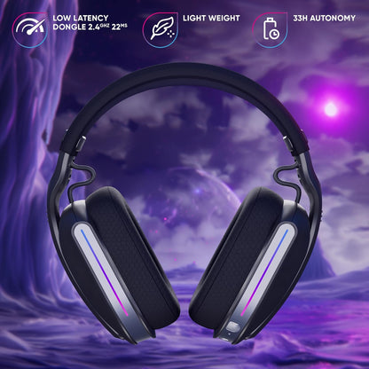 Oniverse Polaris draadloze gaming-hoofdtelefoon, compatibel met PS5, PS4, Switch, pc, mobiel, licht, led, lage latentie 2,4 GHz of Bluetooth, 33 uur batterij, 7.1 virtueel geluid, dubbele microfoon