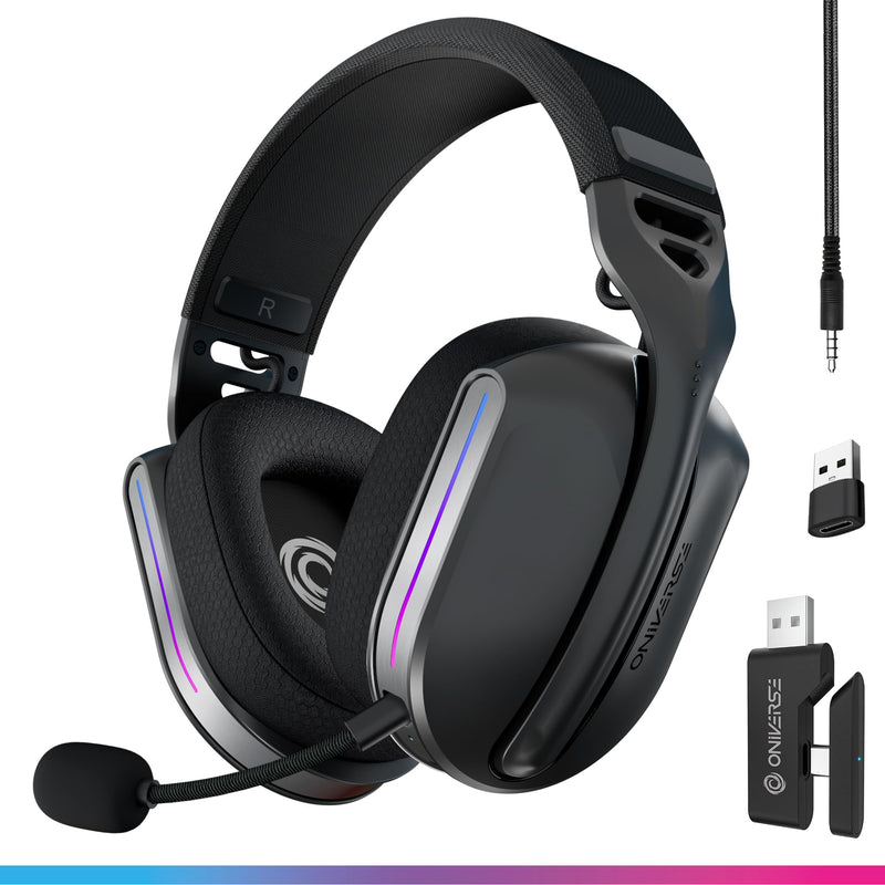 Oniverse Polaris draadloze gaming-hoofdtelefoon, compatibel met PS5, PS4, Switch, pc, mobiel, licht, led, lage latentie 2,4 GHz of Bluetooth, 33 uur batterij, 7.1 virtueel geluid, dubbele microfoon