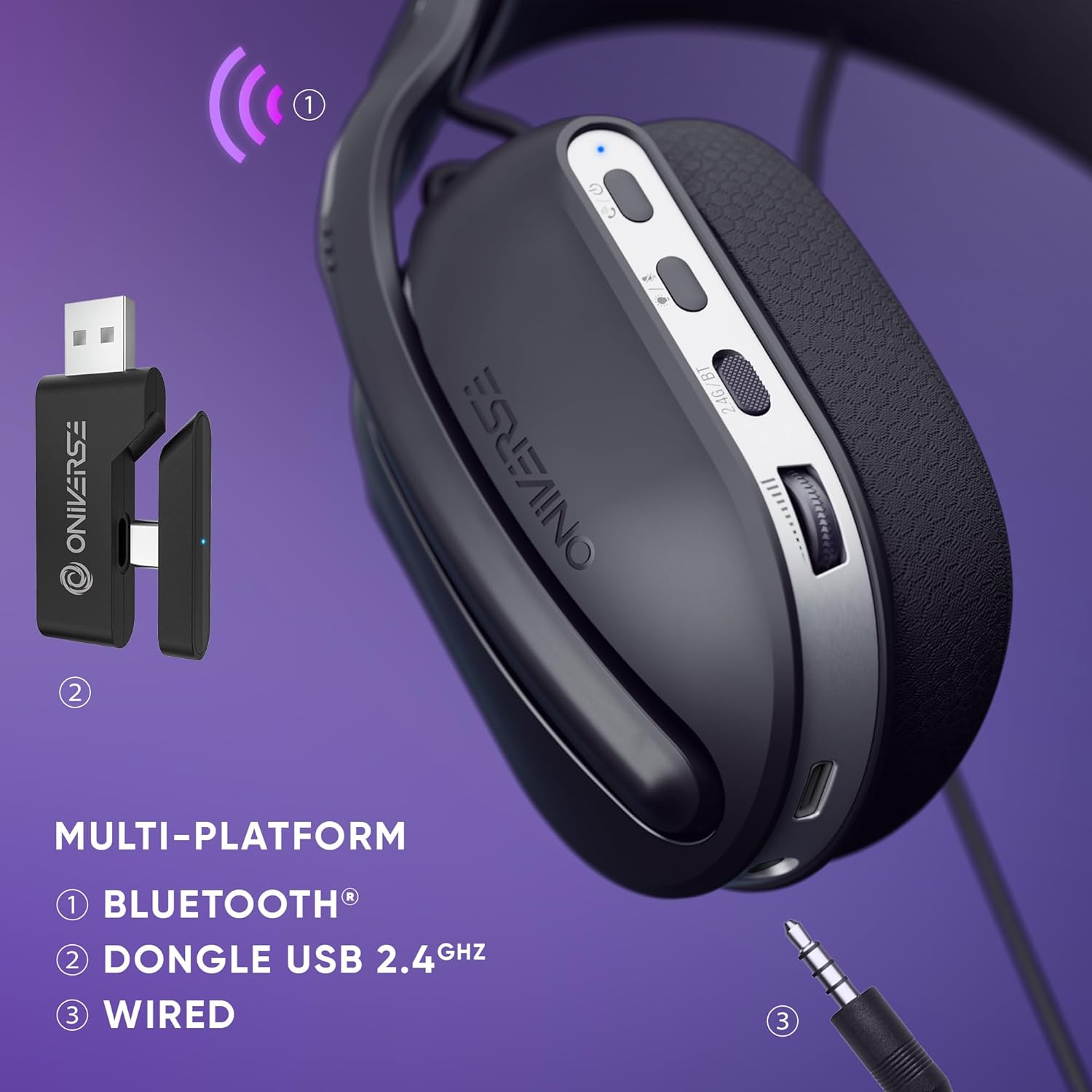 Oniverse Polaris draadloze gaming-hoofdtelefoon, compatibel met PS5, PS4, Switch, pc, mobiel, licht, led, lage latentie 2,4 GHz of Bluetooth, 33 uur batterij, 7.1 virtueel geluid, dubbele microfoon