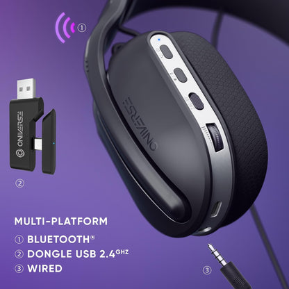 Oniverse Polaris draadloze gaming-hoofdtelefoon, compatibel met PS5, PS4, Switch, pc, mobiel, licht, led, lage latentie 2,4 GHz of Bluetooth, 33 uur batterij, 7.1 virtueel geluid, dubbele microfoon