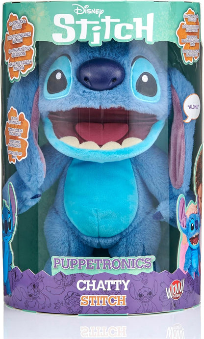 WOW! STUFF Disney Chatty Stitch Deluxe, Puppetronic animatronisch pluche, spreekt & beweegt zich, meer dan 50 geluids- en bewegingsopties, 30 cm groot, voor kinderen vanaf 6 jaar en volwassenen, blauw