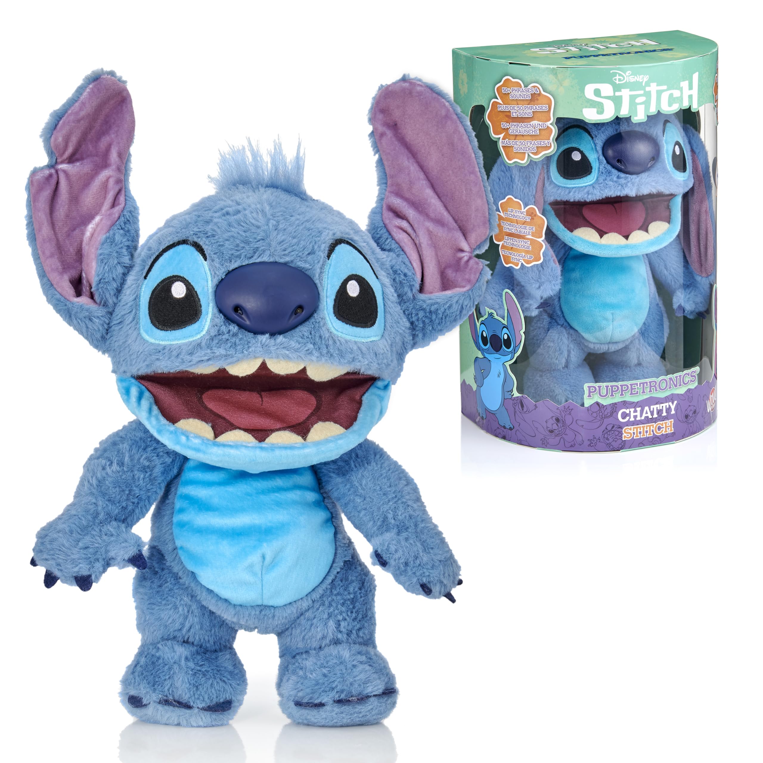 WOW! STUFF Disney Chatty Stitch Deluxe, Puppetronic animatronisch pluche, spreekt & beweegt zich, meer dan 50 geluids- en bewegingsopties, 30 cm groot, voor kinderen vanaf 6 jaar en volwassenen, blauw