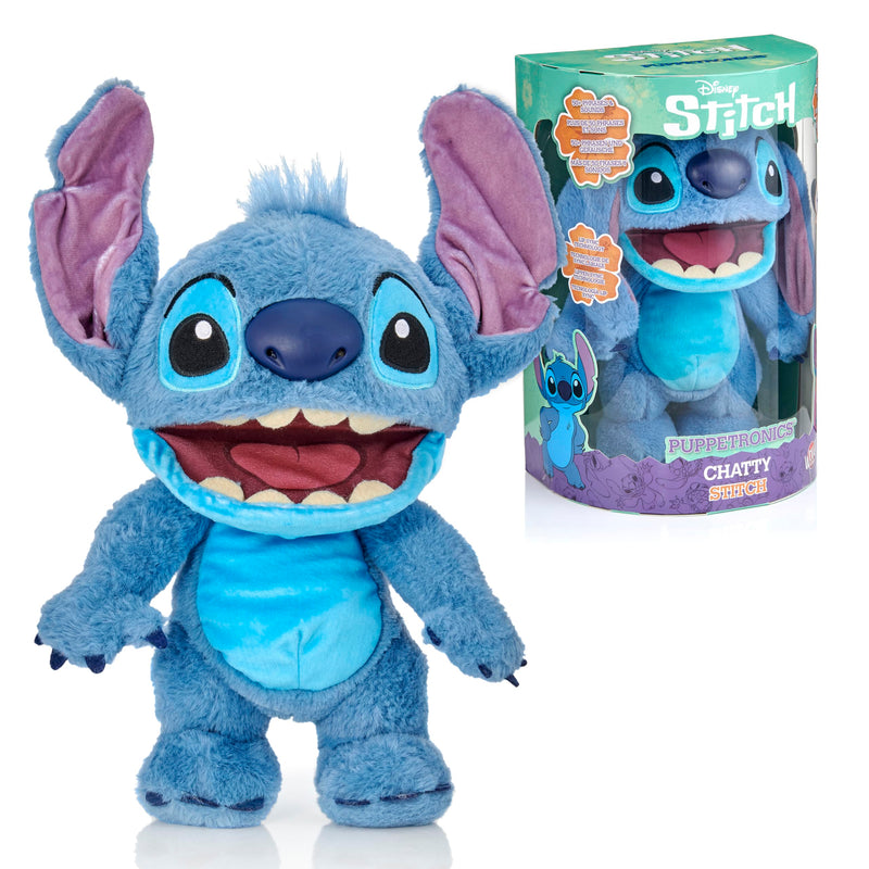 WOW! STUFF Disney Chatty Stitch Deluxe, Puppetronic animatronisch pluche, spreekt & beweegt zich, meer dan 50 geluids- en bewegingsopties, 30 cm groot, voor kinderen vanaf 6 jaar en volwassenen, blauw