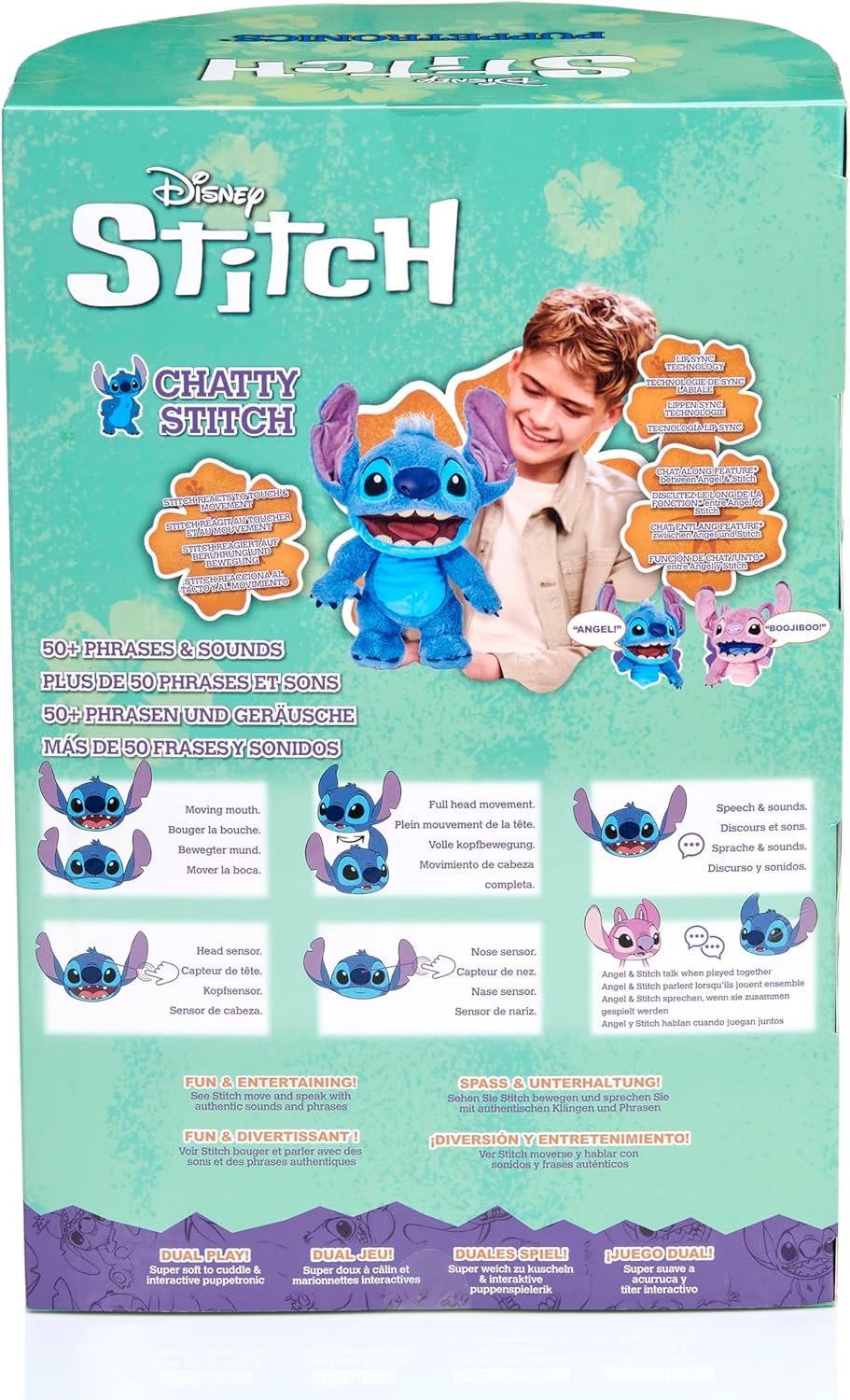 WOW! STUFF Disney Chatty Stitch Deluxe, Puppetronic animatronisch pluche, spreekt & beweegt zich, meer dan 50 geluids- en bewegingsopties, 30 cm groot, voor kinderen vanaf 6 jaar en volwassenen, blauw