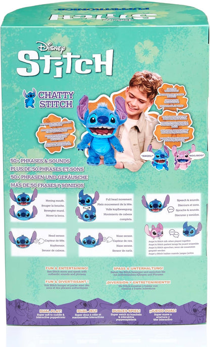 WOW! STUFF Disney Chatty Stitch Deluxe, Puppetronic animatronisch pluche, spreekt & beweegt zich, meer dan 50 geluids- en bewegingsopties, 30 cm groot, voor kinderen vanaf 6 jaar en volwassenen, blauw