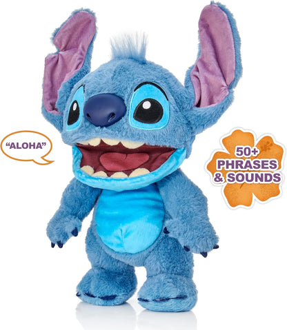 WOW! STUFF Disney Chatty Stitch Deluxe, Puppetronic animatronisch pluche, spreekt & beweegt zich, meer dan 50 geluids- en bewegingsopties, 30 cm groot, voor kinderen vanaf 6 jaar en volwassenen, blauw