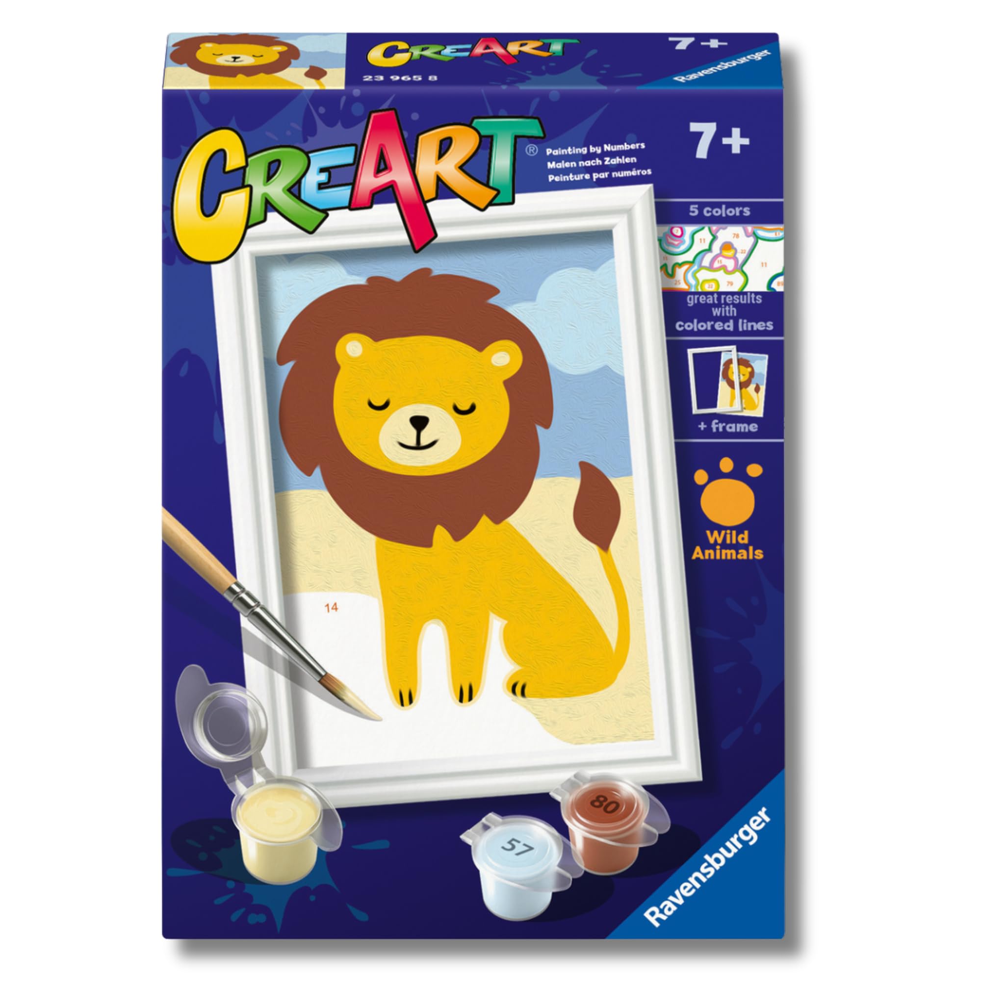 Ravensburger - CreArt Serie F:Leone Giocoso, Dipingere con i Numeri, Kit Pittura Bambini, Cornice Inclusa, Gioco Educativo e Creativo, Idea Regalo Bambini 7+ Anni, 12x8,50cm