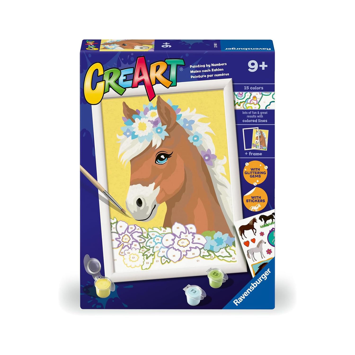 Ravensburger CreArt Serie D: Paard tussen bloemen, schilderen op nummer, schilderset voor kinderen, inclusief lijst, pedagogisch en creatief spel, cadeau-idee voor kinderen vanaf 9 jaar, 18 x 24 cm