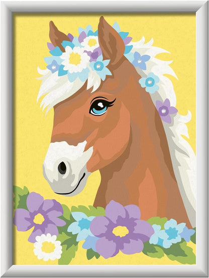 Ravensburger CreArt Serie D: Paard tussen bloemen, schilderen op nummer, schilderset voor kinderen, inclusief lijst, pedagogisch en creatief spel, cadeau-idee voor kinderen vanaf 9 jaar, 18 x 24 cm