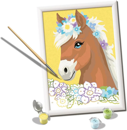 Ravensburger CreArt Serie D: Paard tussen bloemen, schilderen op nummer, schilderset voor kinderen, inclusief lijst, pedagogisch en creatief spel, cadeau-idee voor kinderen vanaf 9 jaar, 18 x 24 cm