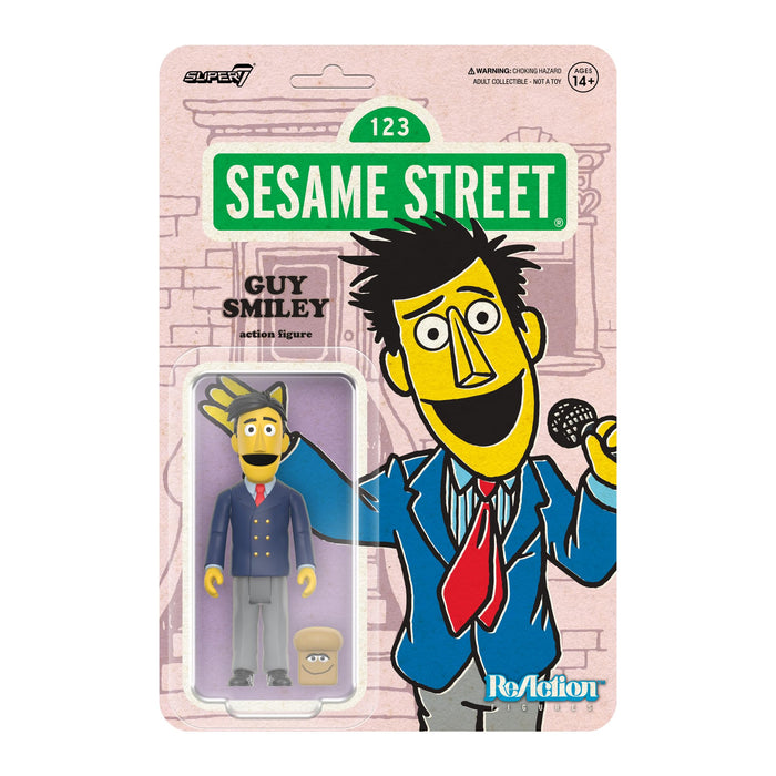 Super7 Reaction Sesame Street Guy Smiley - Figura de acción de Plaza Sésamo de 3.75 pulgadas con accesorios coleccionables y juguetes retro