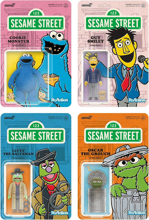 Super7 Reaction Sesame Street Guy Smiley - Figura de acción de Plaza Sésamo de 3.75 pulgadas con accesorios coleccionables y juguetes retro