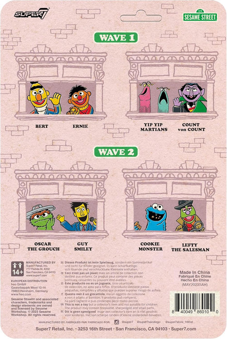 Super7 Reaction Sesame Street Guy Smiley - Figura de acción de Plaza Sésamo de 3.75 pulgadas con accesorios coleccionables y juguetes retro