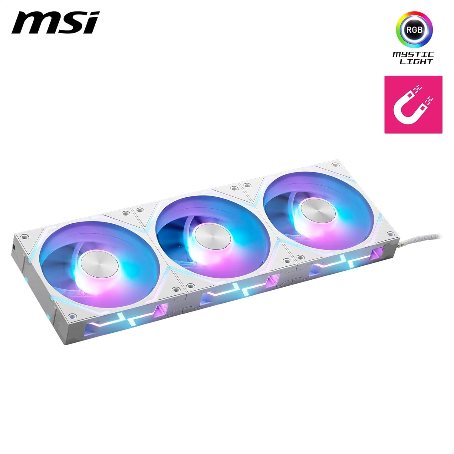 MSI EZ120 ARGB WHITE-3W – Kit 3 ventole bianche ARGB da 120 mm, cuscinetto idrodinamico, compatibili con Mystic Light e Cooling Wizard, connettori magnetici brevettati e hub di controllo incluso