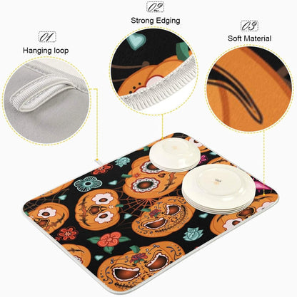 ATTX - Halloween Dish Drying Mat Pumpkin Design Easy to Clean Dishwasher Safe Heat Resistant Eco Friendly Halloween Gift 7 x 24 Inch