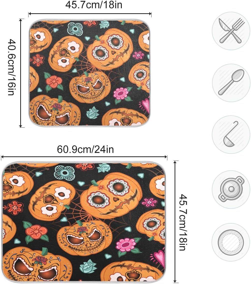 ATTX - Halloween Dish Drying Mat Pumpkin Design Easy to Clean Dishwasher Safe Heat Resistant Eco Friendly Halloween Gift 7 x 24 Inch