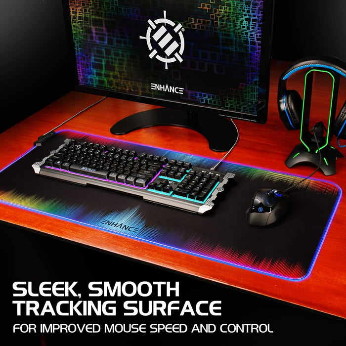 ENHANCE Extra Large LED Gaming Mouse Pad - Soft XXL Desk Mat with 7 RGB Colors, 3 Color Modes, Smart Control, Water Resistant High Speed Tracking Surface - (Multicolor) - Extended - 32 x 14 inches