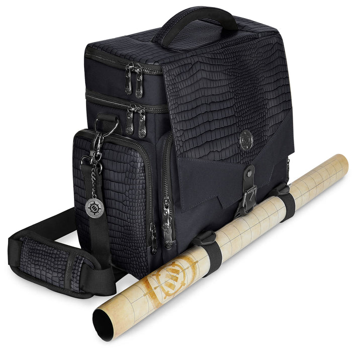 ENHANCE Collector's Edition RPG Adventurer's DnD Bag - Dragon Hide Exterior Travel RPG Bag with Tabletop Miniatures Storage Vault, Mat Holder, DnD Dice & Token Pockets, Fits 4-8 Books (Dragon Black
