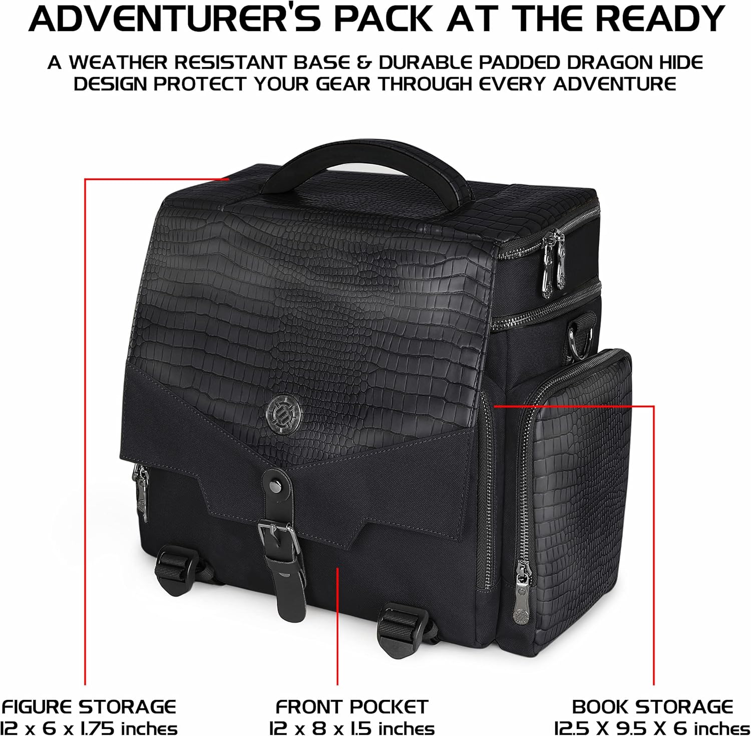 ENHANCE Collector's Edition RPG Adventurer's DnD Bag - Dragon Hide Exterior Travel RPG Bag with Tabletop Miniatures Storage Vault, Mat Holder, DnD Dice & Token Pockets, Fits 4-8 Books (Dragon Black