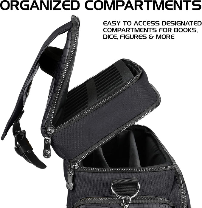 ENHANCE Collector's Edition RPG Adventurer's DnD Bag - Dragon Hide Exterior Travel RPG Bag with Tabletop Miniatures Storage Vault, Mat Holder, DnD Dice & Token Pockets, Fits 4-8 Books (Dragon Black