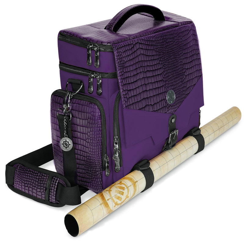 ENHANCE Collector's Edition RPG Adventurer's DnD Bag - Dragon Hide Exterior Travel RPG Bag with Tabletop Miniatures Storage Vault, Mat Holder, DnD Dice & Token Pockets, Fits 4-8 Books (Dragon Purple