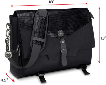 Player's Essentials DND-Tasche, Sammleredition - Umhängetasche aus Drachenhaut für 2–4 Bücher, Ordner, Würfel und Zubehör, mit 17-Zoll-Laptop-Steckplatz, Battlemap-Riemen (Drachen Schwarz