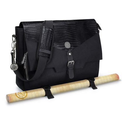 Player's Essentials DND-Tasche, Sammleredition - Umhängetasche aus Drachenhaut für 2–4 Bücher, Ordner, Würfel und Zubehör, mit 17-Zoll-Laptop-Steckplatz, Battlemap-Riemen (Drachen Schwarz