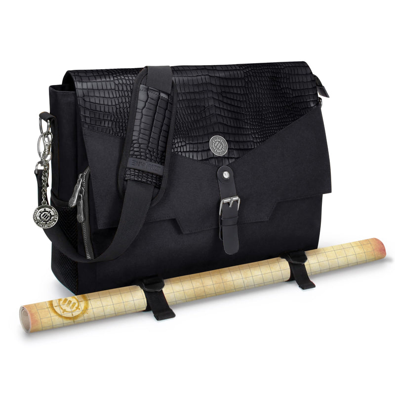 Player's Essentials DND-Tasche, Sammleredition - Umhängetasche aus Drachenhaut für 2–4 Bücher, Ordner, Würfel und Zubehör, mit 17-Zoll-Laptop-Steckplatz, Battlemap-Riemen (Drachen Schwarz