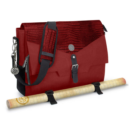 ENHANCE Player's Essentials DND-Tasche, Sammleredition - Umhängetasche aus Drachenhaut für 2–4 Bücher, Ordner, Würfel und Zubehör, mit 17-Zoll-Laptop-Steckplatz, Battlemap-Riemen (Drachen Rot