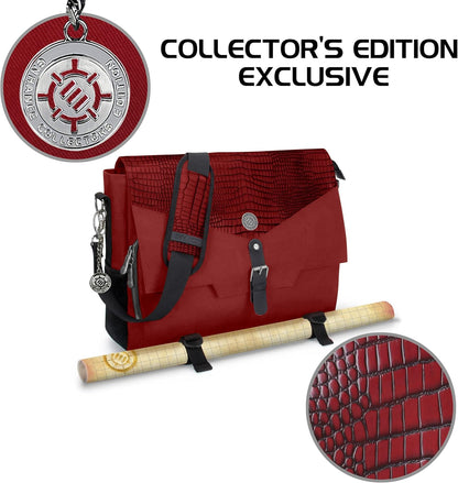 ENHANCE Player's Essentials DND-Tasche, Sammleredition - Umhängetasche aus Drachenhaut für 2–4 Bücher, Ordner, Würfel und Zubehör, mit 17-Zoll-Laptop-Steckplatz, Battlemap-Riemen (Drachen Rot