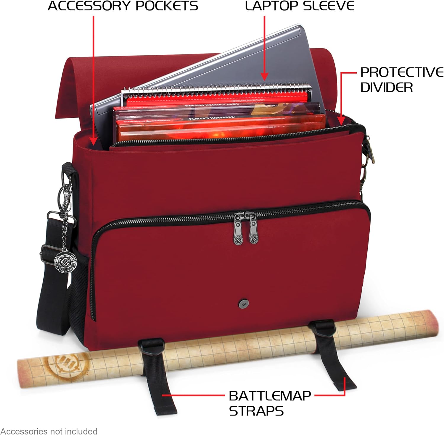 ENHANCE Player's Essentials DND-Tasche, Sammleredition - Umhängetasche aus Drachenhaut für 2–4 Bücher, Ordner, Würfel und Zubehör, mit 17-Zoll-Laptop-Steckplatz, Battlemap-Riemen (Drachen Rot