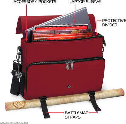 ENHANCE Player's Essentials DND-Tasche, Sammleredition - Umhängetasche aus Drachenhaut für 2–4 Bücher, Ordner, Würfel und Zubehör, mit 17-Zoll-Laptop-Steckplatz, Battlemap-Riemen (Drachen Rot
