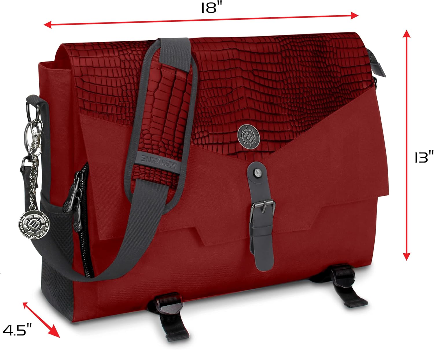 ENHANCE Player's Essentials DND-Tasche, Sammleredition - Umhängetasche aus Drachenhaut für 2–4 Bücher, Ordner, Würfel und Zubehör, mit 17-Zoll-Laptop-Steckplatz, Battlemap-Riemen (Drachen Rot