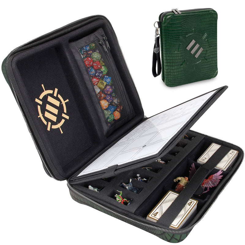 ENHANCE Collector's Edition RPG Organizer Case - DnD Binder with Built-in Character Sheet Holder and Erasable Scribe Panel, Dice Rolling Area, Removable Pen Pouch, Miniature Foam Tray (Dragon Green
