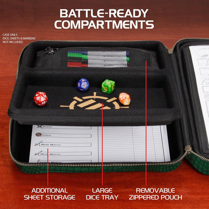 ENHANCE Collector's Edition RPG Organizer Case - DnD Binder with Built-in Character Sheet Holder and Erasable Scribe Panel, Dice Rolling Area, Removable Pen Pouch, Miniature Foam Tray (Dragon Green