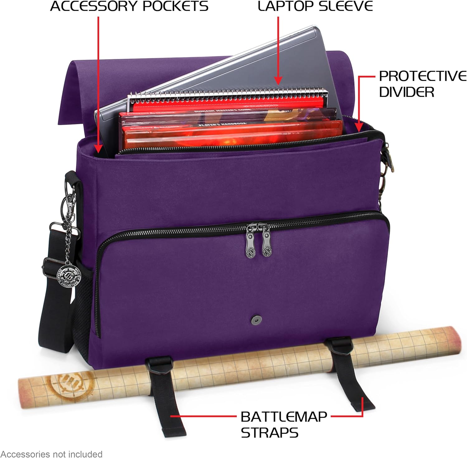 Player's Essentials DnD-Tasche, Sammleredition - Umhängetasche aus Drachenhaut für 2–4 Bücher, Ordner, Würfel und Zubehör, mit 17-Zoll-Laptop-Steckplatz, Battlemap-Riemen (Drachen Lila
